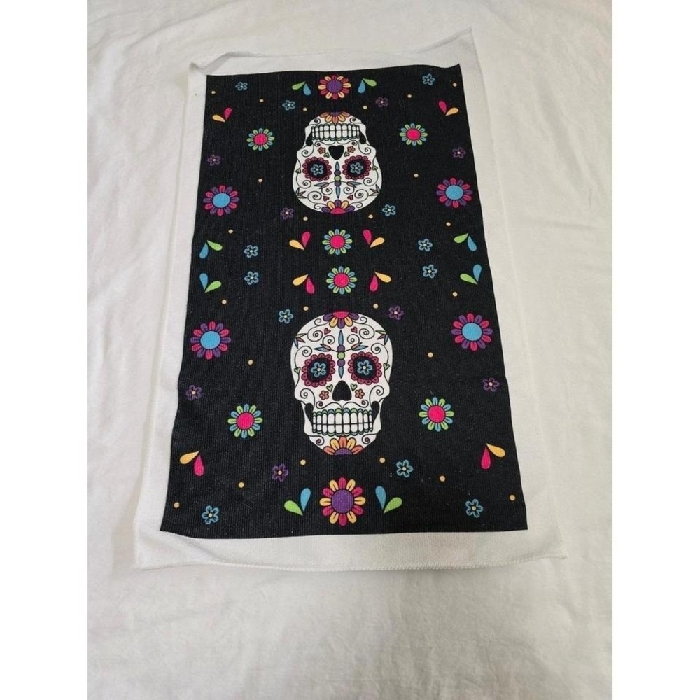 Day of the Dead Sugar Skull Kitchen Towel Tea Towel Black Floral Print /0467